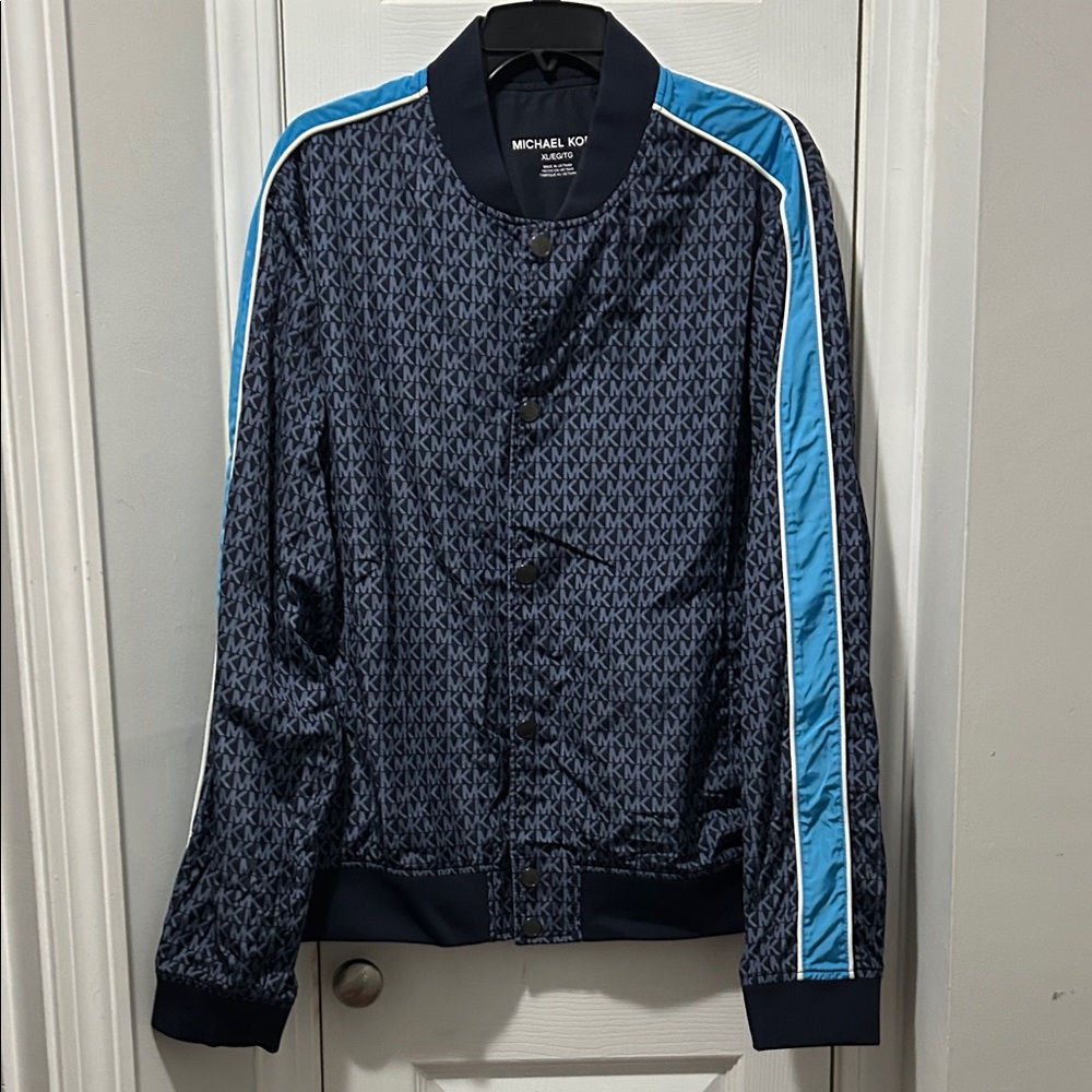 Michael Kors Navy Bomber Jacket with Light Blue Shoulder Stripes
